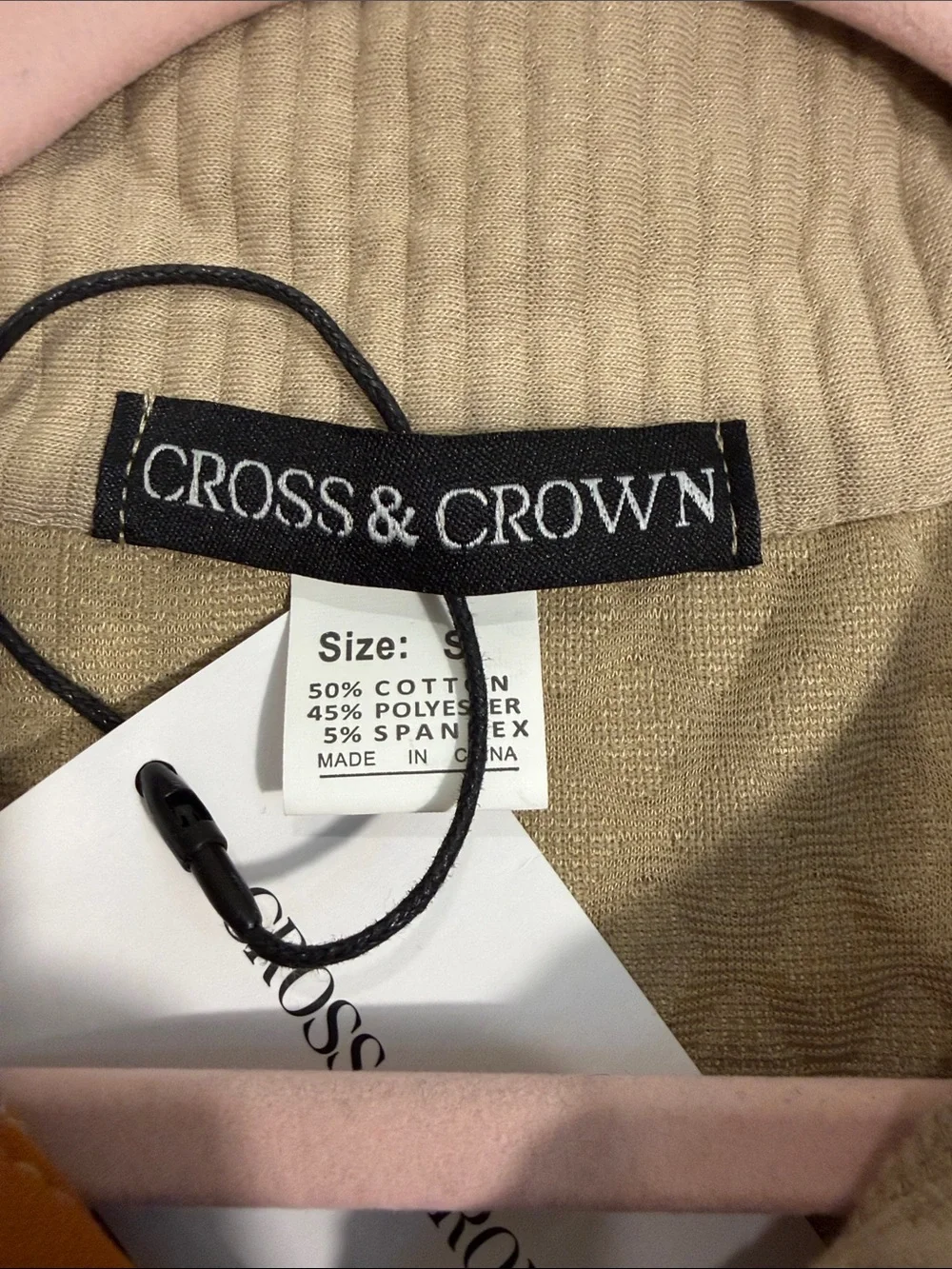 Cross & Crown Men's Beige Quilted Half-Button Pullover with elbow patches S
